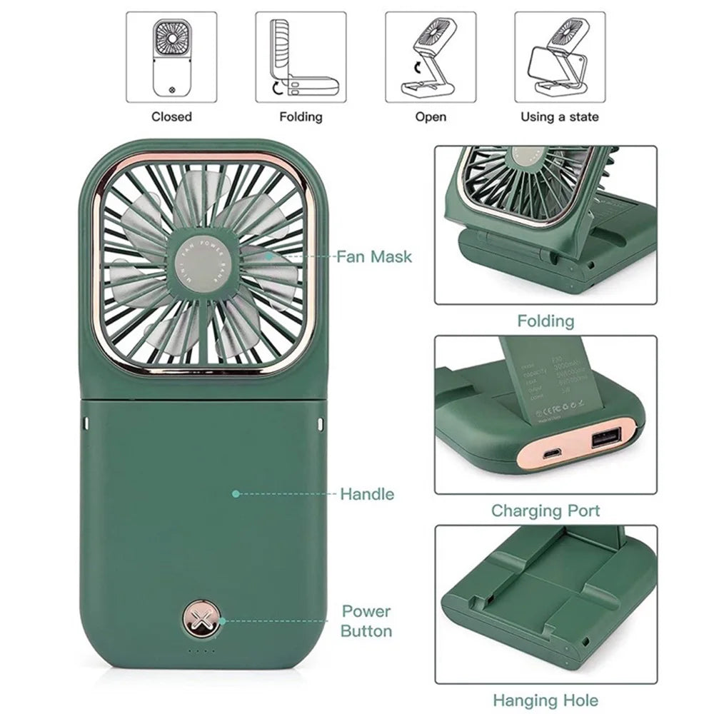 Miniventilador portátil USB plegable de mano con soporte para teléfono y correa para el cuello