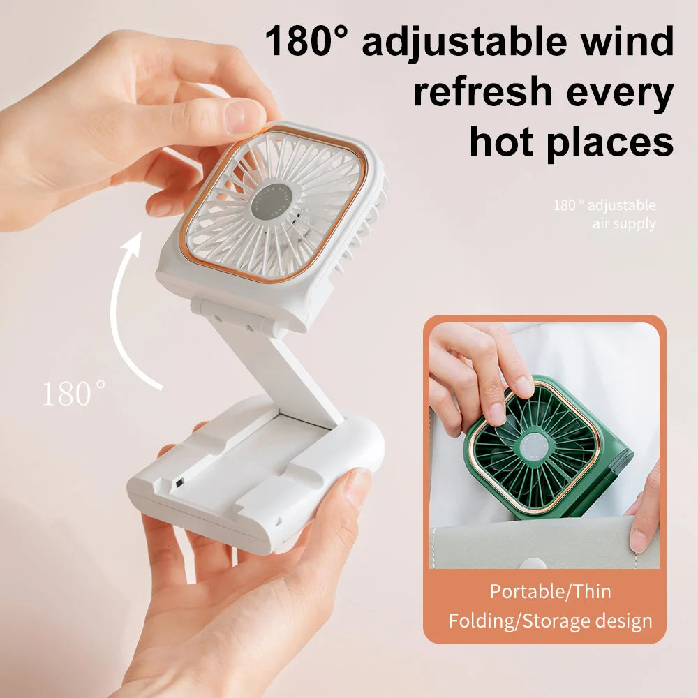 Miniventilador portátil USB plegable de mano con soporte para teléfono y correa para el cuello