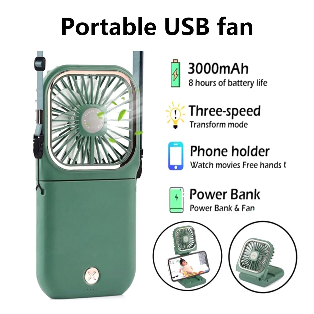 Miniventilador portátil USB plegable de mano con soporte para teléfono y correa para el cuello