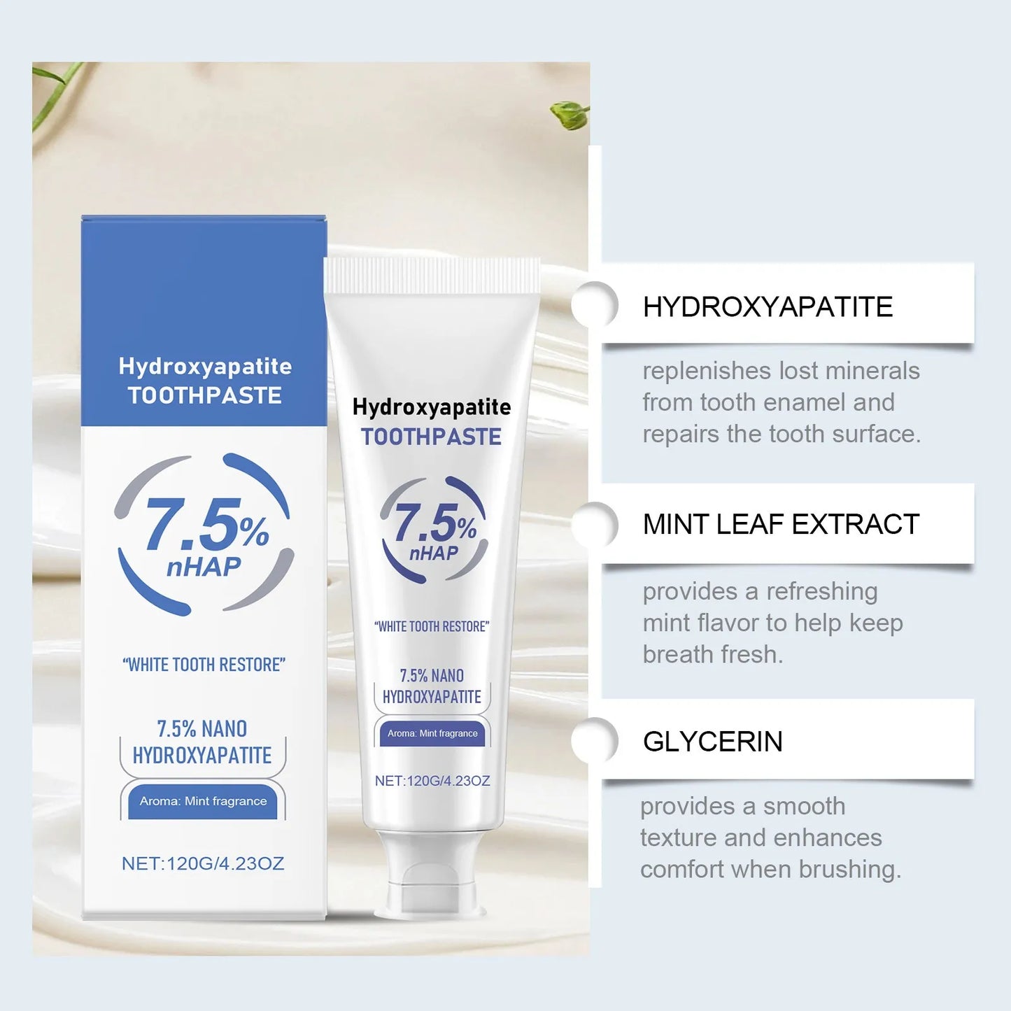 Hydroxyapatite Toothpaste Fluoride-Free for Advanced Enamel Protection for Sensitive Teeth, Gentle and Effective Formula