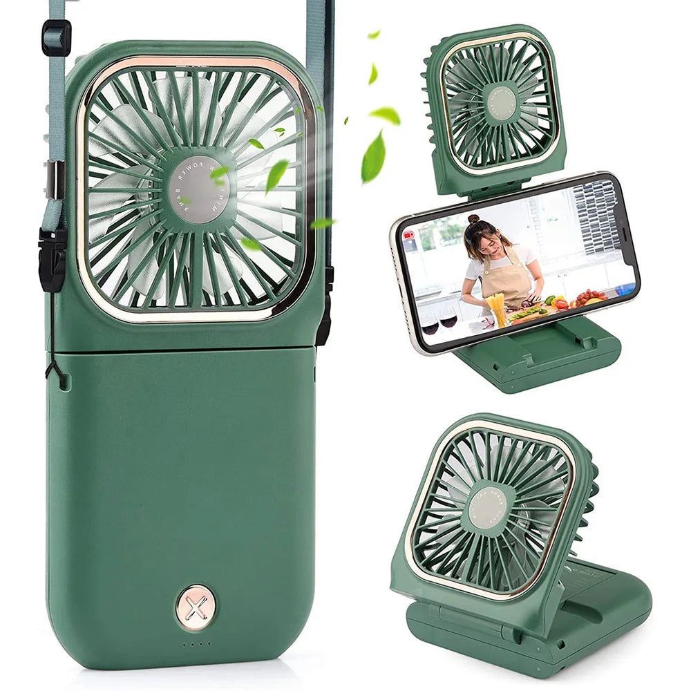 Miniventilador portátil USB plegable de mano con soporte para teléfono y correa para el cuello