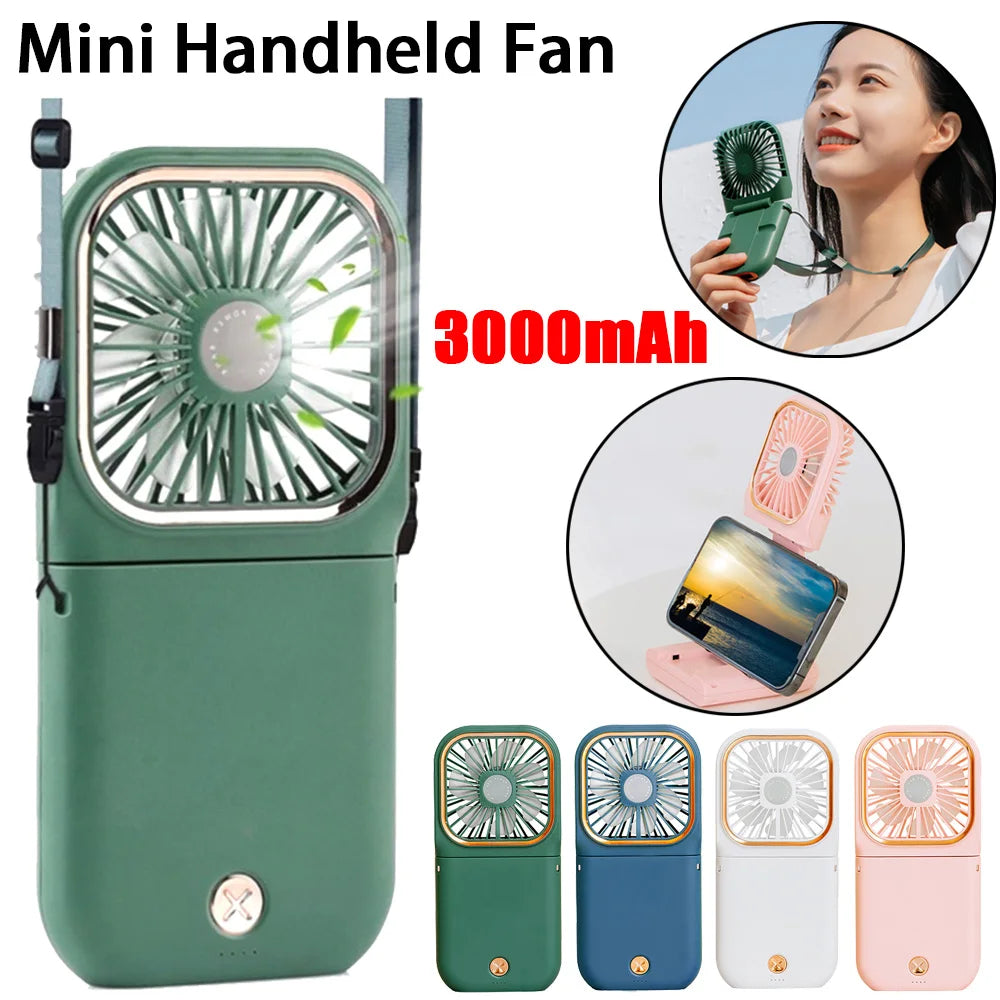 Miniventilador portátil USB plegable de mano con soporte para teléfono y correa para el cuello